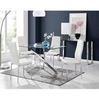 Furniture Box Leonardo Glass And Chrome Metal Dining Table And 4 x White Milan Chairs Set