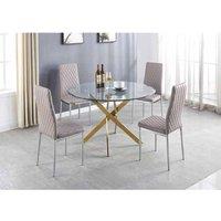Furniture Box Novara Gold Metal Large Round Dining Table And 4 x Cappuccino Grey Milan Chairs Set
