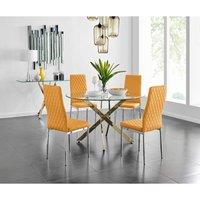 Furniture Box Novara Gold Metal Large Round Dining Table And 4 x Mustard Milan Chairs Set, Cream