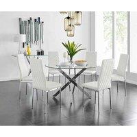 Furniture Box Novara Chrome Metal And Glass Large Round Dining Table And 6 x White Milan Chairs Set, Yellow