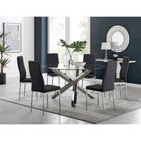 Furniture Box Vogue Large Round Chrome Metal Furniture Box Clear Glass Dining Table And 6 x Black Milan Dining Chairs Set