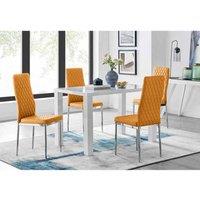 Furniture Box Pivero White High Gloss Dining Table and 4 x Mustard Milan Chairs Set