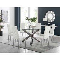 Furniture Box Vogue Large Round Chrome Metal Furniture Box Clear Glass Dining Table And 6 x White Milan Dining Chairs Set