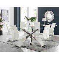 Furniture Box Vogue Large Round Chrome Metal Furniture Box Clear Glass Dining Table And 6 x White Willow Dining Chairs Set
