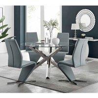 Furniture Box Vogue Large Round Chrome Metal Furniture Box Clear Glass Dining Table And 4 x Elephant Grey Willow Dining Chairs Set