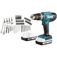 Makita HP488DAEX1 18v G-Series Hammer Drill with 74 Piece Internal Bit Set & 2 x 2.0Ah Batteries, Blue
