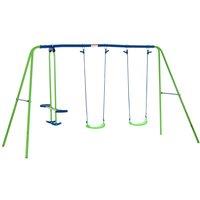 Outsunny Metal 2 Swings & Seesaw Set with Height Adjustable Seating - Blue/Green, Green