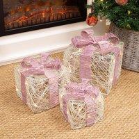 Christmas Workshop Set of 3 LED Light Up Xmas Gift Boxes with Pink Bows - Warm White, White
