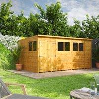 Power 14' x 8' Pent Double Door Garden Shed, Brown