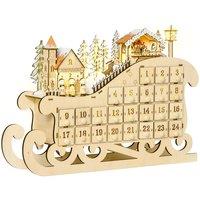 HOMCOM Christmas Advent Calendar Light Up Sled with Countdown Drawer Village, Brown