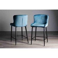 Bentley Designs Rize Pair Of Petrol Blue Velvet Fabric Bar Stools With Black Legs, Blue