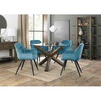 Bentley Designs Cannes Clear Glass 4 Seater Dining Table With Dark Oak Legs & 4 Dali Petrol Blue Velvet Fabric Chairs With Black Legs, Blue