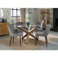 Bentley Designs Cannes Clear Glass 4 Seater Dining Table With Light Oak Legs & 4 Cezanne Grey Velvet Fabric Chairs With Black Legs, Grey