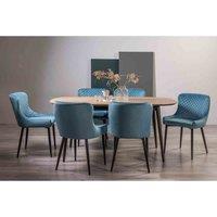 Bentley Designs Rhoka Weathered Oak 6-8 Seater Dining Table With Peppercorn Legs & 6 Cezanne Petrol Blue Velvet Fabric Chairs With Black Legs, Brown