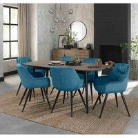 Bentley Designs Rhoka Weathered Oak 6 Seater Dining Table With Peppercorn Legs & 6 Dali Petrol Blue Velvet Fabric Chairs With Black Legs, Brown