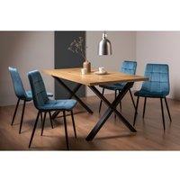 Bentley Designs Rimi Rustic Oak Effect Melamine 6 Seater Dining Table With X Leg & 4 Mondrian Petrol Blue Velvet Fabric Chairs With Black Legs, Brown