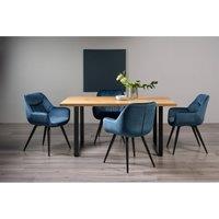 Bentley Designs Rimi Rustic Oak Effect Melamine 6 Seater Dining Table With U Leg & 4 Dali Petrol Blue Velvet Fabric Chairs With Black Legs, Brown