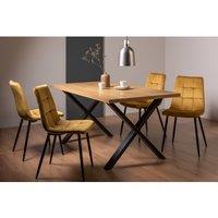 Bentley Designs Rimi Rustic Oak Effect Melamine 6 Seater Dining Table With X Leg & 4 Mondrian Mustard Velvet Fabric Chairs With Black Legs, Brown