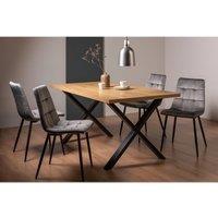 Bentley Designs Rimi Rustic Oak Effect Melamine 6 Seater Dining Table With X Leg & 4 Mondrian Grey Velvet Fabric Chairs With Black Legs, Brown