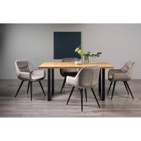 Bentley Designs Rimi Rustic Oak Effect Melamine 6 Seater Dining Table With U Leg & 4 Dali Grey Velvet Fabric Chairs With Black Legs, Brown