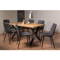 Bentley Designs Rimi Rustic Oak Effect Melamine 6 Seater Dining Table With X Leg & 6 Mondrian Dark Grey Faux Leather Chairs With Black Legs, Brown