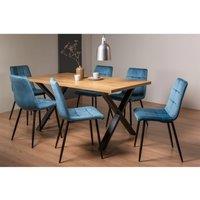 Bentley Designs Rimi Rustic Oak Effect Melamine 6 Seater Dining Table With X Leg & 6 Mondrian Petrol Blue Velvet Fabric Chairs With Black Legs, Brown