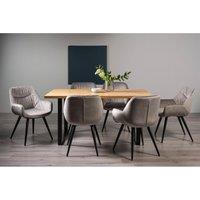 Bentley Designs Rimi Rustic Oak Effect Melamine 6 Seater Dining Table With U Leg & 6 Dali Grey Velvet Fabric Chairs With Black Legs, Brown
