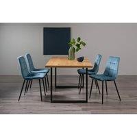 Bentley Designs Rimi Rustic Oak Effect Melamine 6 Seater Dining Table With U Leg & 4 Mondrian Petrol Blue Velvet Fabric Chairs With Black Legs, Brown