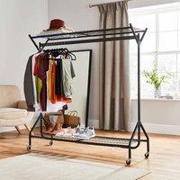 House of Home 4Ft X 5Ft Black Heavy Duty Hanging Clothes Garment Rail With Shoe Rack Shelf And Hat Stand In Black Metal, Black