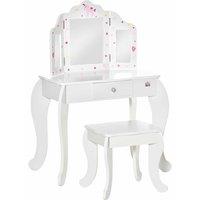 HOMCOM Kids Vanity Table & Stool Girls Dressing Set With Rotatable Mirror Drawer, White