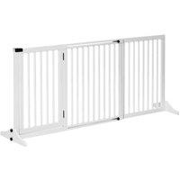 PawHut Wooden Freestanding Pet Gate w/ Adjustable Length & Door Lock Safe Barrier - White, White