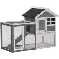 PawHut 122cm Wooden Rabbit Hutch w/ Tray Ladder Run - Grey, Grey