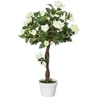 Outsunny 90Cm/3Ft Artificial Rose Tree Fake Decorative Plant 21 Flowers Pot White, White