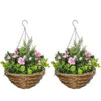 Outsunny Set Of 2 Artificial Lisianthus Flower Hanging Planter Basket Home Garden, Pink