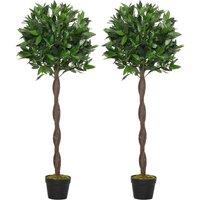 Outsunny Set Of 2 120Cm Artificial Bay Laurel Topiary Trees With Pot Fake Outdoor Plant, Green