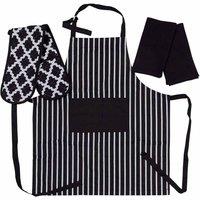 Penguin Home Apron Double Oven Glove And 2 Kitchen Tea Towels Set - Black White, Black