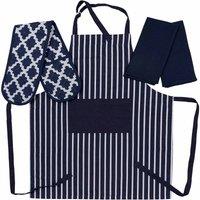 Penguin Home Apron Double Oven Glove And 2 Kitchen Tea Towels Set- Navy White, Clear