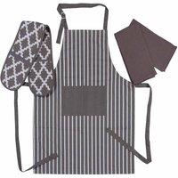 Penguin Home Apron Double Oven Glove And 2 Kitchen Tea Towels Set - Grey White, Grey