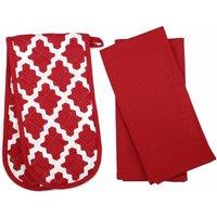 Penguin Home - 3 Piece Oven Glove & Tea Towel Set - Diamond Red, Grey