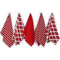 Penguin Home - 100 Cotton Tea Towel Set Of 5 - Stylish Red Design With Multiple Patterns, Grey