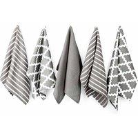 Penguin Home - 100 Cotton Tea Towel Set Of 5 - Stylish Grey Design With Multiple Patterns, Grey