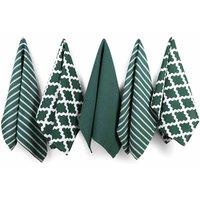 Penguin Home -100 Tea Towel Set Of 5 - Stylish Hunter Green Design With Multiple Patterns, Green