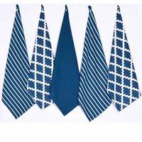 Penguin Home - 100 Cotton Tea Towel Set Of 5 - Stylish Light Blue Design With Multiple Patterns, Blue