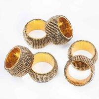 Penguin Home Set Of 6 Handcrafted Glass Beaded Napkin Rings - Antique Gold Colour, Gold