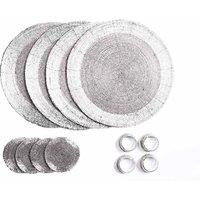Penguin Home Set Of 12 Glass Beaded Placemats Coasters And Napkin Rings - Silver Colour, Grey