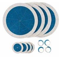 Penguin Home Set Of 12 Glass Beaded Placemats Coasters And Napkin Rings - Blue And White Colour, Blue