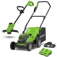 Greenworks 48V Cordless 36cm Lawnmower and 25cm Line Trimmer Kit with 2 x 4.0Ah Batteries, Green