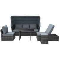Outsunny 5 Pcs Outdoor Rattan Reclining Adjustable Canopy Sets W/ Dining Table, Grey