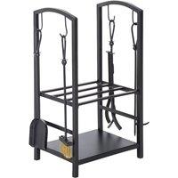 HOMCOM Firewood Rack Log Holder Wood Storage With Hooks 4 Tools Black, Black