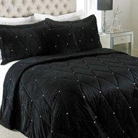 Paoletti New Diamante Velvet Bedspread & Pillowcase Shams Pair Polyester Black, Black